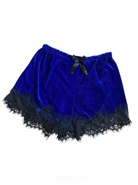 Vintage Velvet Eyelash Lace-Trim Sleep Shorts - Royal Blue